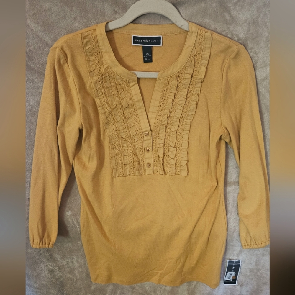 Vintage Karen Scott Shirt Top Saffron Gold Ruffles Women's XS New